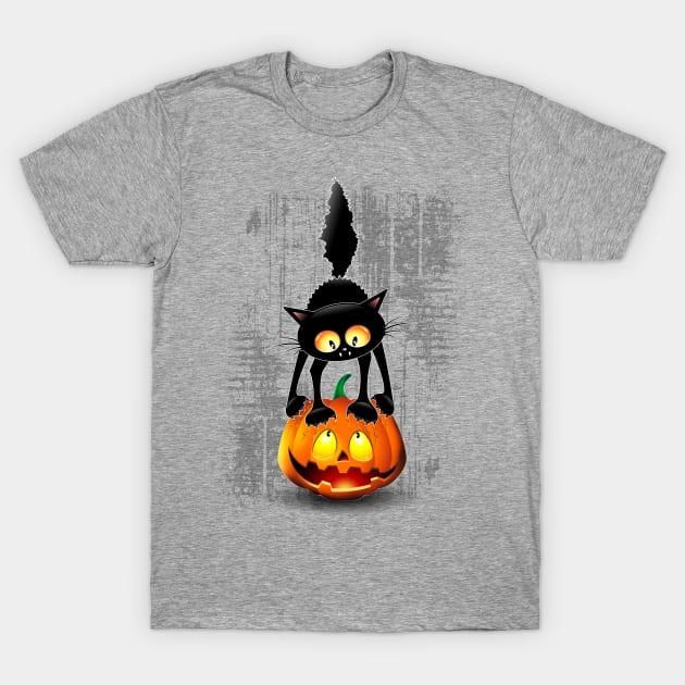 Cat Fun Halloween Character Cartoon scratching a Halloween Pumpkin T-Shirt by BluedarkArt